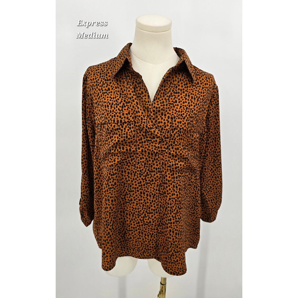 Express Portofino Leopard Print Blouse Medium Brown Animal Print Roll Tab Sleeve